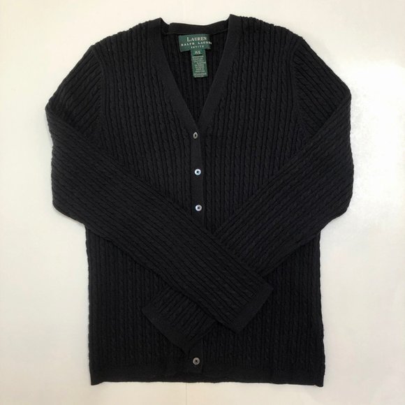RALPH LAUREN LRL Vintage Classic Cardigan Cable Knit Cotton Black Petite PS - Picture 8 of 8